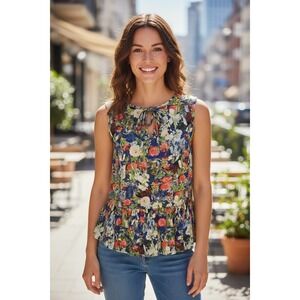Modcloth Floral Print Sleeveless Peplum‎ Top Tie Neck Blue Red Womens Small